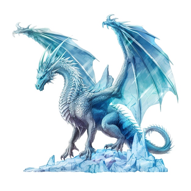Un drago con le ali blu è in piedi sul ghiaccio.