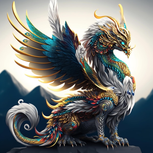 Un drago con piume d'oro e d'argento e un corpo bianco è su una montagna.