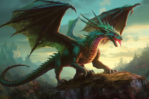 Un drago con un becco rosso e una testa verde con una lunga coda verde e un drago rosso sulla coda.
