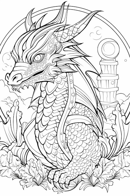 Un drago con un castello sullo sfondo pagina da colorare generative ai