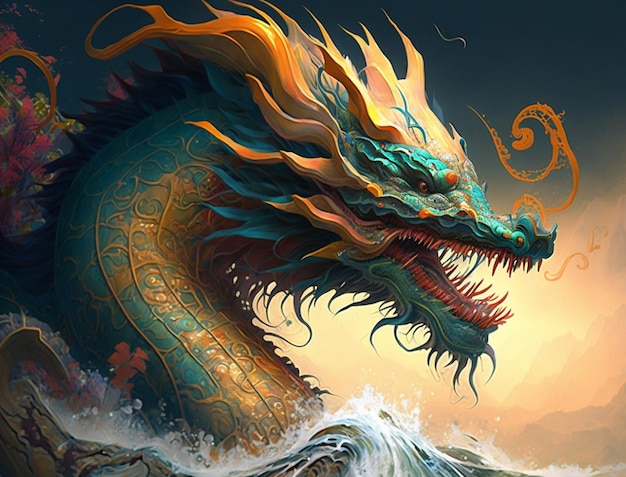 Un drago con un motivo dorato e blu sulla testa è nell'acqua.