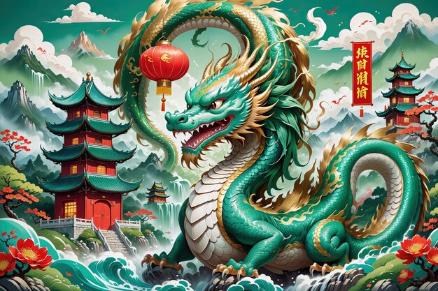 un drago con una bandiera cinese e una pagoda