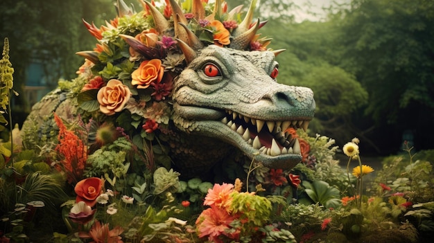 un drago con una corona di fiori sulla testa