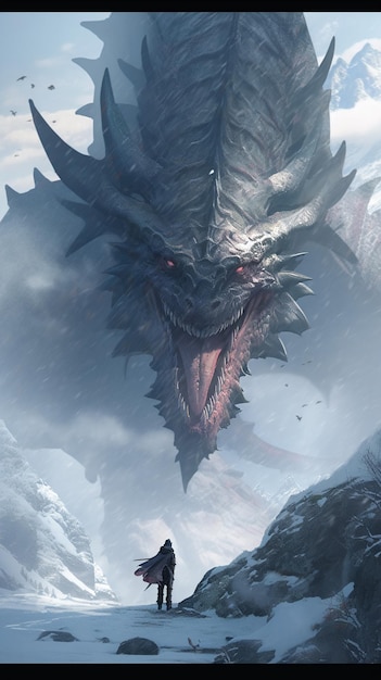 Un drago con una montagna sullo sfondo