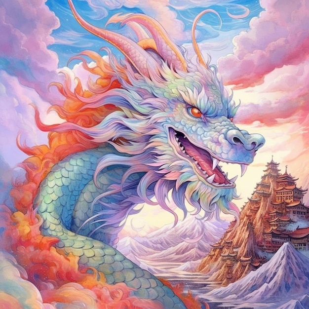 Un drago con una testa blu e un cielo nuvoloso sullo sfondo.