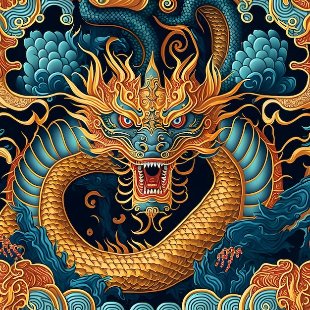 Un drago con uno sfondo blu e la parola drago su di esso.