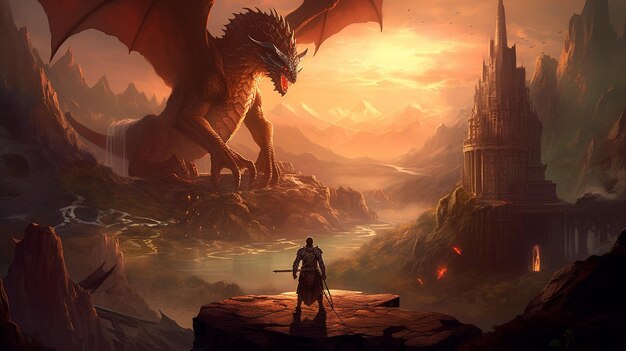 Un drago e un uomo con una montagna sullo sfondo
