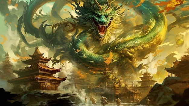 Un drago e una nave cinese sono raffigurati in una scena di fantasia.