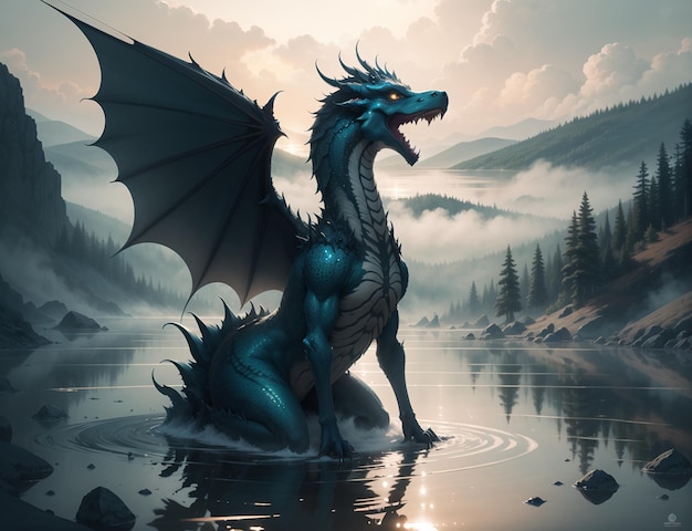 Un drago in acqua con le montagne sullo sfondo