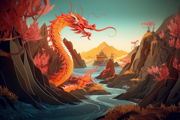Un drago in un paesaggio con montagne e un fiume.