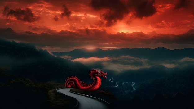 Un drago rosso su una strada di montagna con un tramonto sullo sfondo
