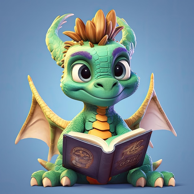 Un drago siede con un libro in bocca e legge un drago.