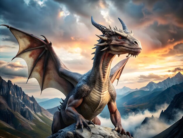 Un drago su una roccia con le ali spalancate che guarda severamente da un'alta montagna