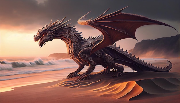 Un drago su una spiaggia con un tramonto sullo sfondo