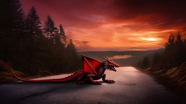 Un drago su una strada con un tramonto sullo sfondo