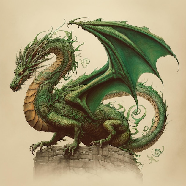 Un drago verde su una roccia