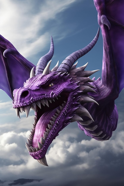 Un drago viola che vola nel cielo