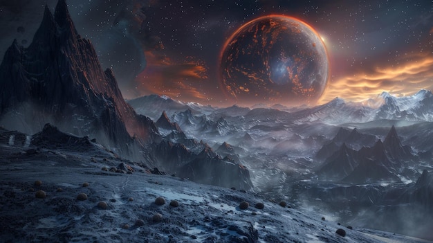 Un drammatico paesaggio alieno con un pianeta rosso incandescente