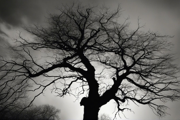 Un drammatico paesaggio di alberi in bianco e nero