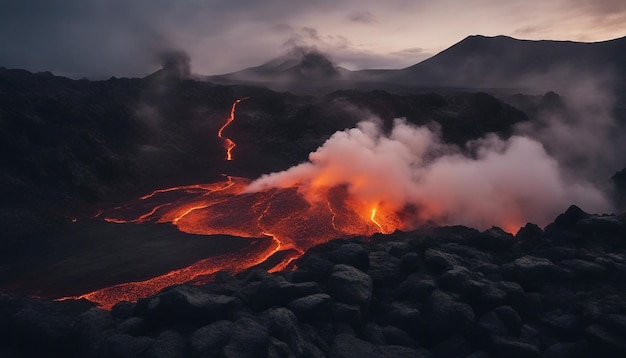 Un drammatico paesaggio vulcanico con flussi di lava fusa, rocce annerite e fumo ondulato.