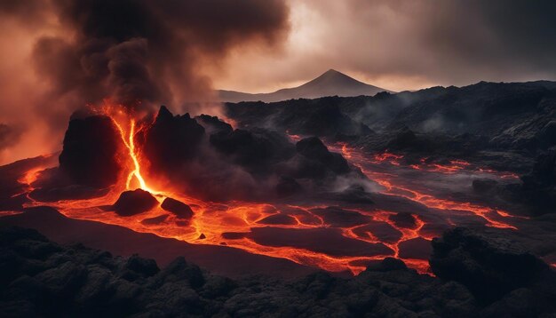 Un drammatico paesaggio vulcanico con flussi di lava fusa, rocce annerite e fumo ondulato.