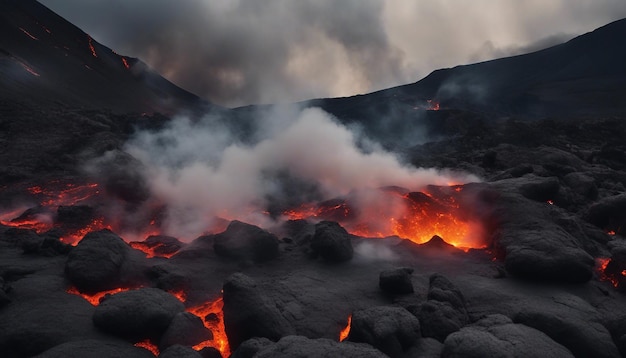 Un drammatico paesaggio vulcanico con flussi di lava fusa, rocce annerite e fumo ondulato.