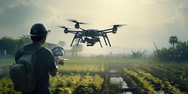 Un drone agricolo impollina con grazia un campo agricolo, natura e tecnologia si intrecciano per raccolti abbondanti AI Generativa AI