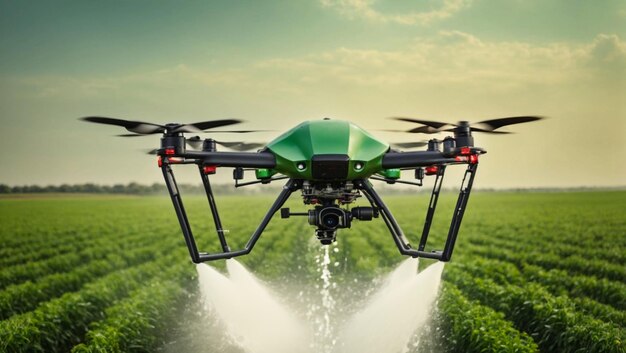 Un drone agricolo intelligente vola sopra un campo verde e esegue l'irrigazione con tecnologie moderne