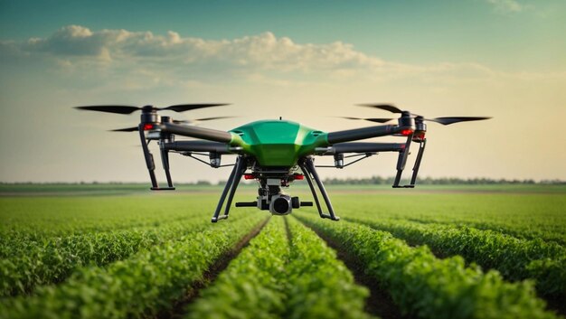 Un drone agricolo intelligente vola sopra un campo verde e esegue l'irrigazione con tecnologie moderne