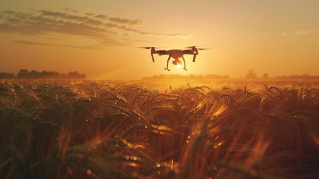 Un drone agricolo vola per spruzzare fertilizzanti nei campi lavoro al tramonto