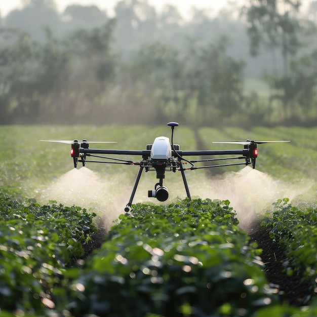 Un drone agricolo vola per spruzzare fertilizzanti nei campi.