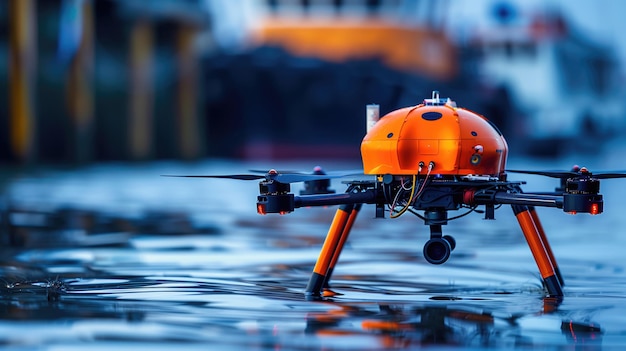 Un drone arancione che galleggia sull'acqua su uno sfondo sfocato