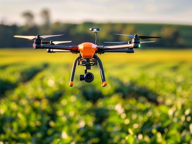 Un drone arancione vola sopra un campo verde lussureggiante sotto un cielo limpido durante il giorno