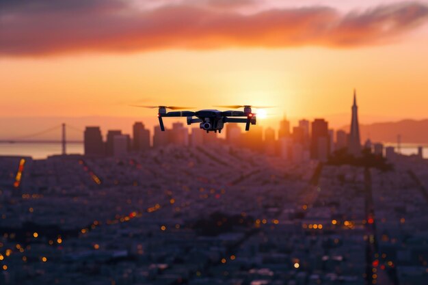 Un drone cattura la silhouette della città di San Francisco al tramonto