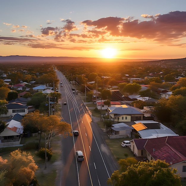 Un drone che cattura il sole che sorge su una città sonnolenta le strade sono ancora prive di attività