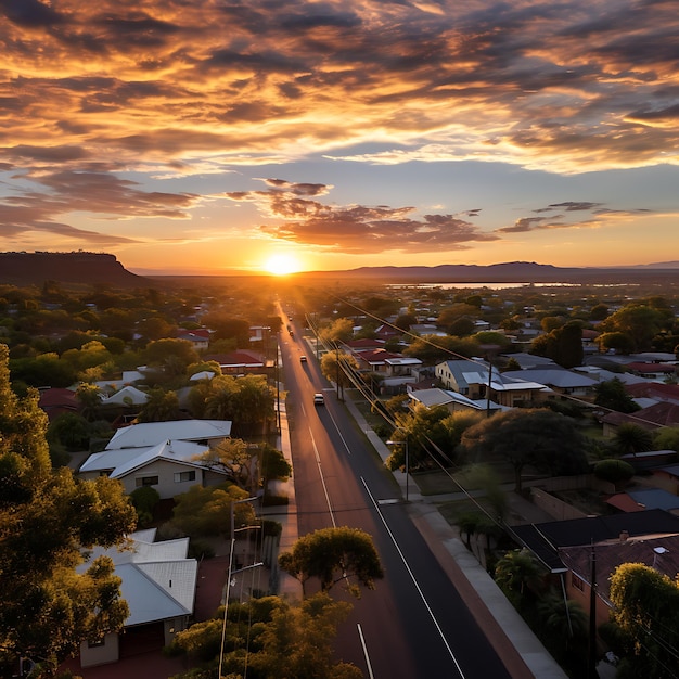 Un drone che cattura il sole che sorge su una città sonnolenta le strade sono ancora prive di attività