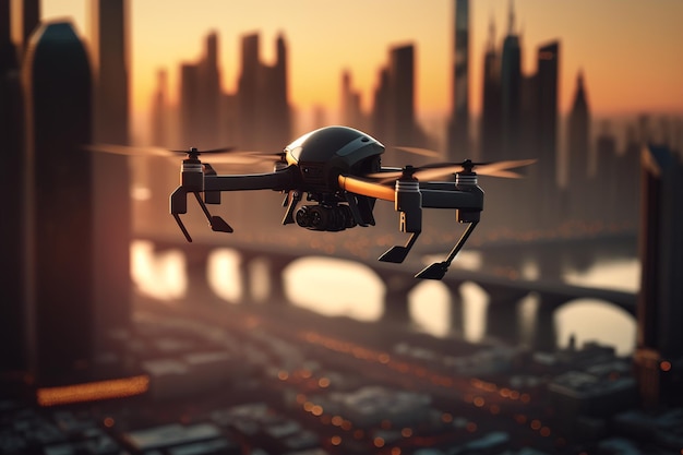 Un drone che sorvola la città