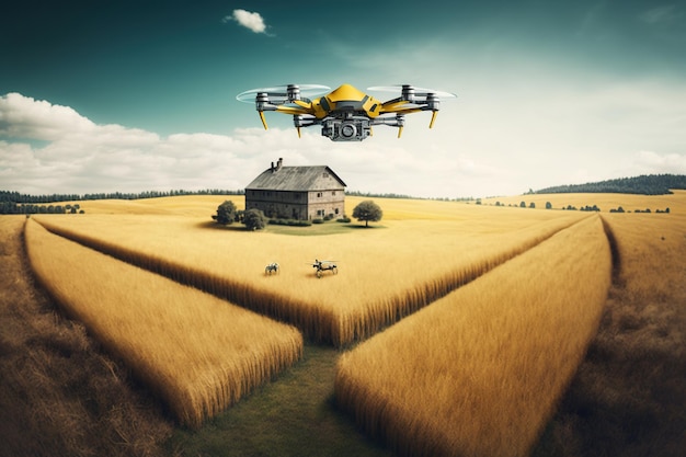 Un drone che sorvola una fattoria con un cielo blu e nuvole.