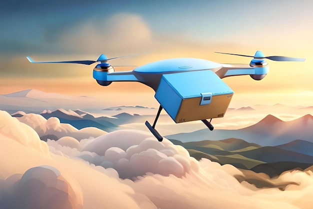 un drone che trasporta una scatola di cartone vola velocemente sulla nuvola 3d