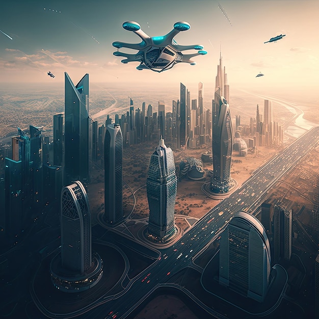 Un drone che vola sopra una città futuristica