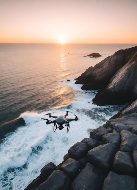 Un drone che vola su una costa rocciosa durante il tramonto