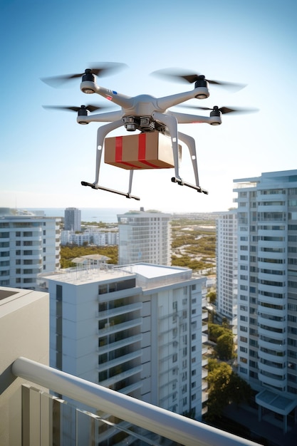 Un drone consegna un pacco a un cliente Tecnologia moderna e informazioni per lo shopping online e il trasporto di scatole utilizzando gadget