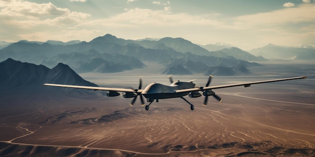 Un drone militare sorveglia un vasto deserto arido catturando il netto contrasto tra la tecnologia e l'IA generativa della natura selvaggia