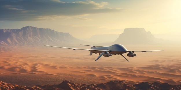 Un drone militare sorveglia un vasto deserto arido catturando il netto contrasto tra la tecnologia e l'intelligenza artificiale generativa della natura selvaggia