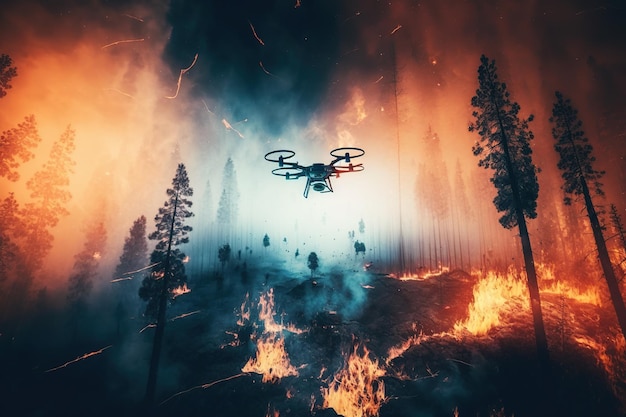 Un drone monitora l'evoluzione di un incendio boschivo dal cielo generato da Ai