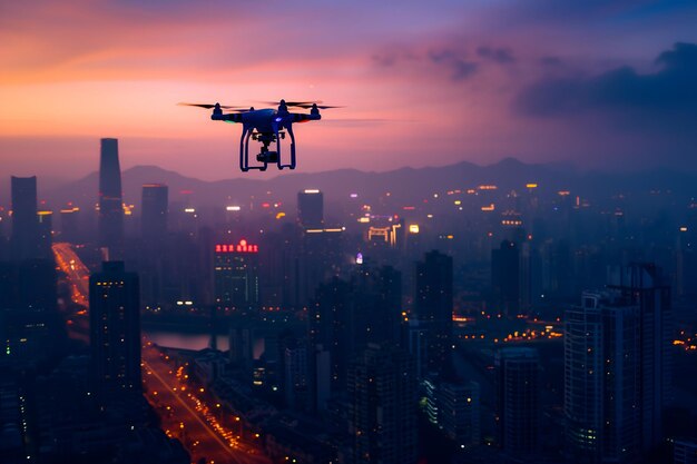 Un drone sopra la città al tramonto o all'alba d'estate