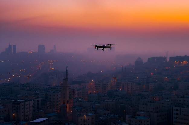 Un drone sopra la città una mattina d'estate