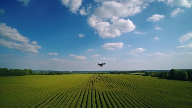 Un drone sorvola un campo coltivato con un cielo azzurro sullo sfondo.