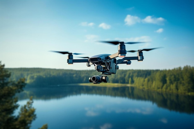 un drone sorvola un lago con alberi sullo sfondo.