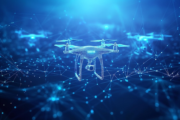 Un drone sullo sfondo digitale con lo spazio un concetto di digitalizzazione IA generativa